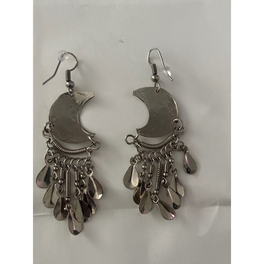 Silver Tone Crescent Moon Dangle Earrings Celestial Boho Drop Charms - Picture 5 of 5